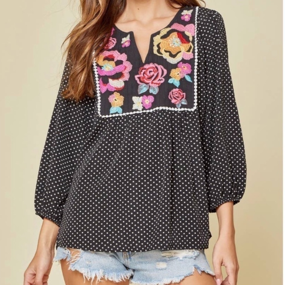 SAVANNA JANE Black Polka Dot Embroidered Top Floral Boho Festival Size Small
